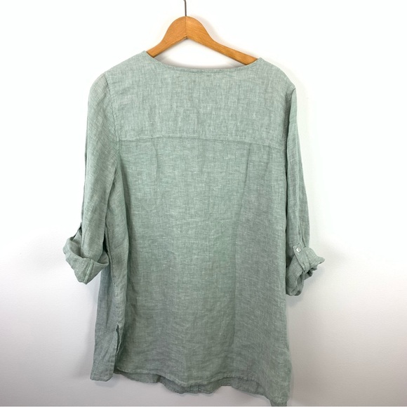 Tahari 100% Linen Green Lagenlook Shirt Size 1X Tab Sleeves - Picture 7 of 12